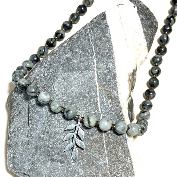 Dark Grey Marble Short Necklace, Genuine Gemstone & Silver Leaf Branch Pendant - Picture 4 of 13